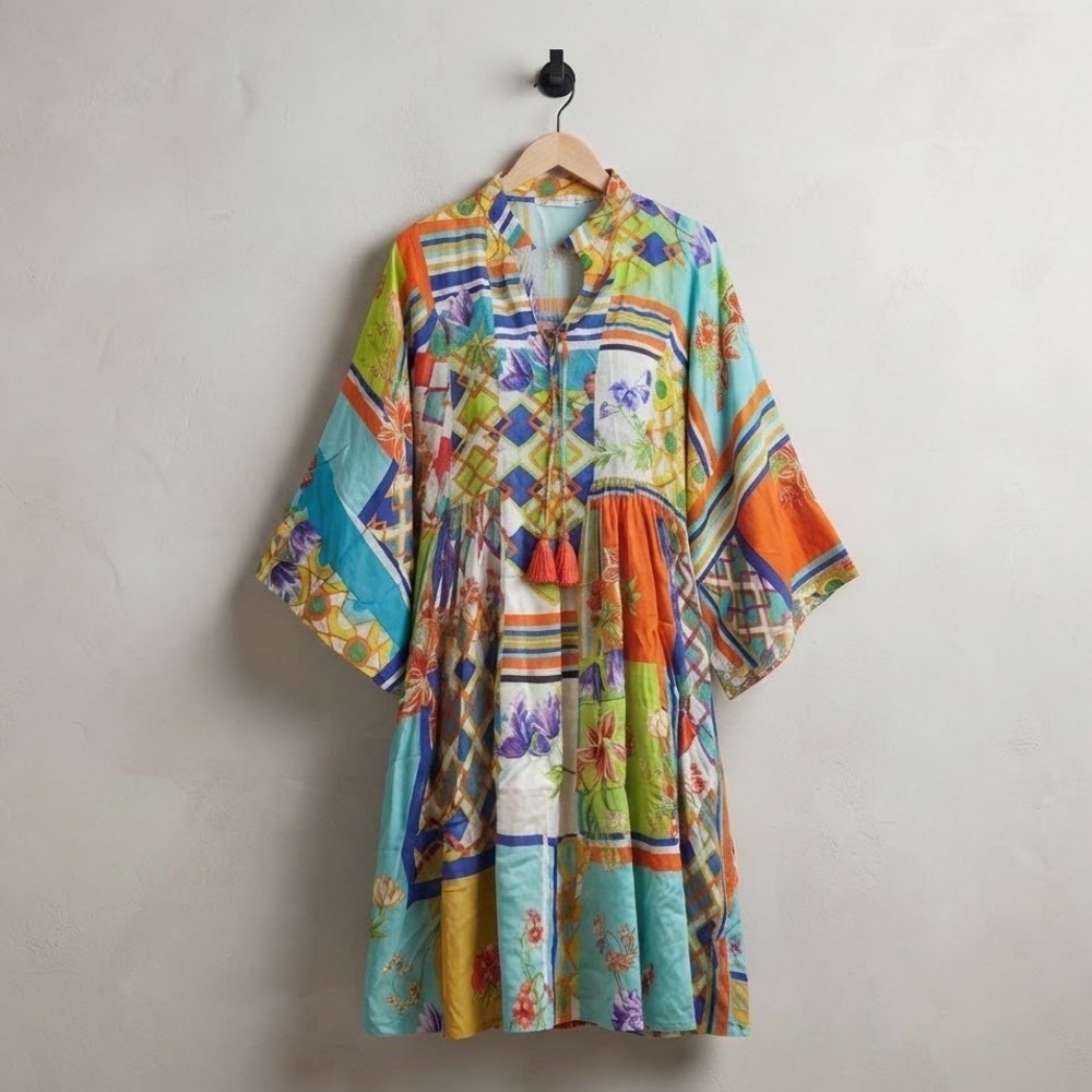 Johnny Was California Patchwork Floral Mini Dress XS Multicolor Tassel Boho
